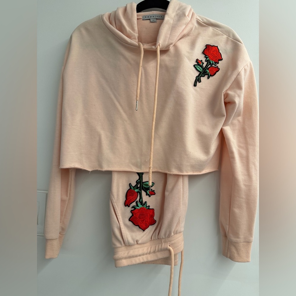 Peach Hoodie and Joggers Set with Rose Embroidery
